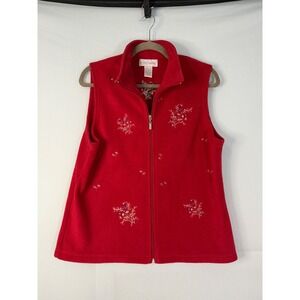 Sport Savvy Fleece Vest Womens Small Red Excellent Embroidered Full Zip Floral